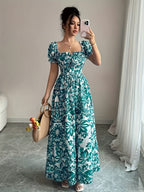 Elegant long dress with floral print.