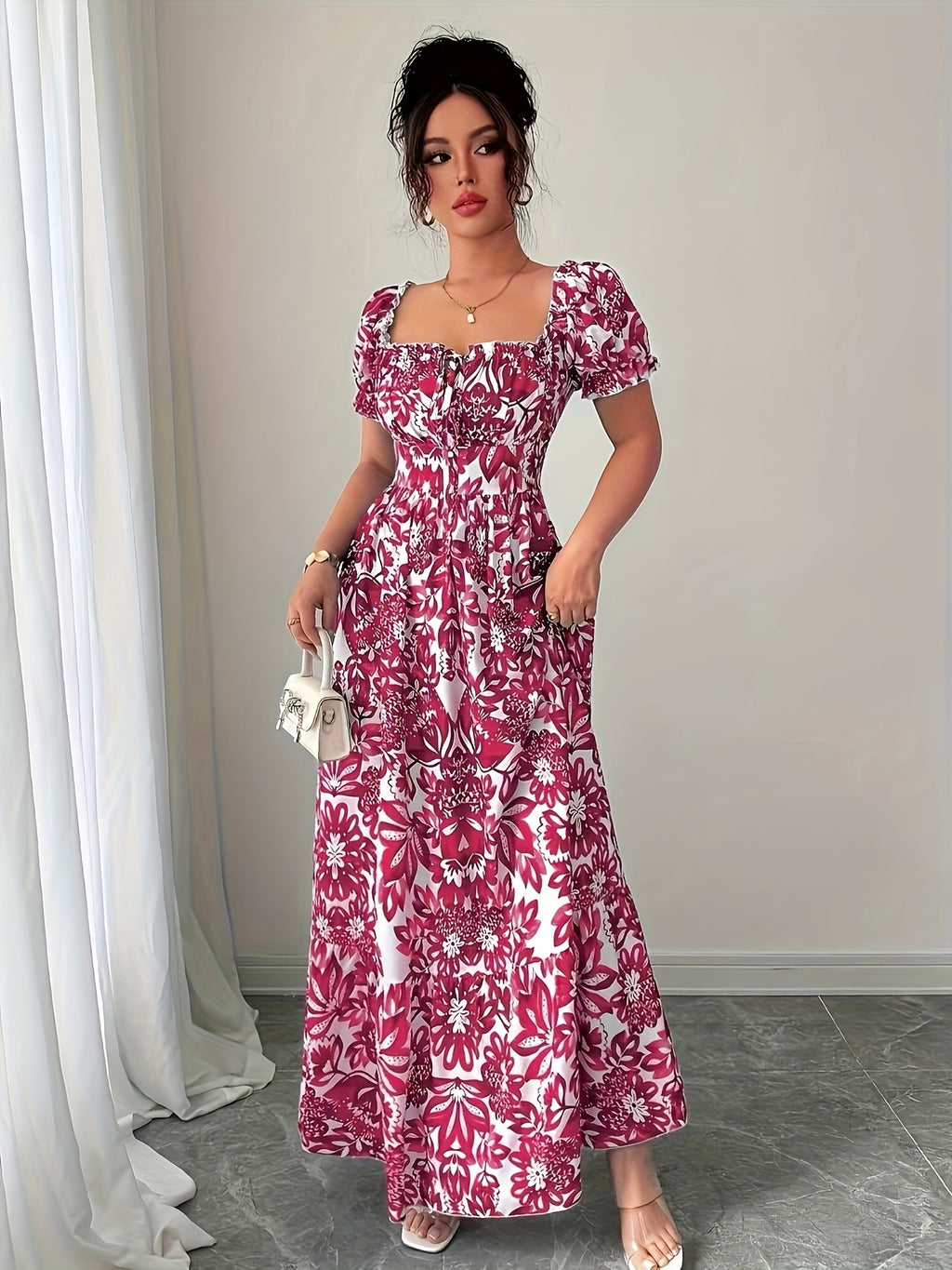 Elegant long dress with floral print.