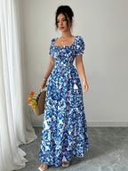 Elegant long dress with floral print.