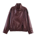 Black Faux Leather Jackets Women Long Sleeve Buttons Elastic Oversized Coats