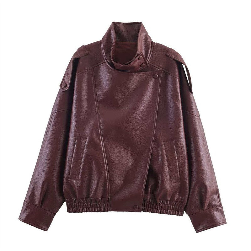 Black Faux Leather Jackets Women Long Sleeve Buttons Elastic Oversized Coats