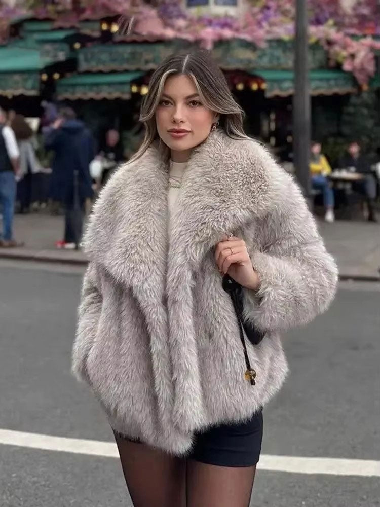 HH Women Elegant Faux Fur Coat Warm Fluffy Loose Long Sleeve Lapel Jacket Autumn Winter Fashion High Street Lady Outerwear