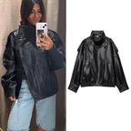 Black Faux Leather Jackets Women Long Sleeve Buttons Elastic Oversized Coats