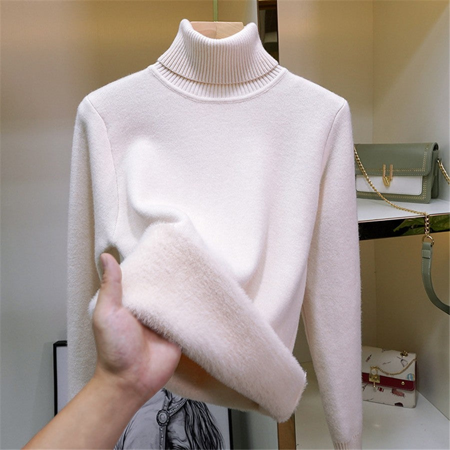 Thicken Velvet Turtleneck Sweater Women Korean Fashion Lined Warm Sueter Knitted Pullover Slim Top Winter Jersey Knitwear Jumper