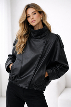 Black Faux Leather Jackets Women Long Sleeve Buttons Elastic Oversized Coats