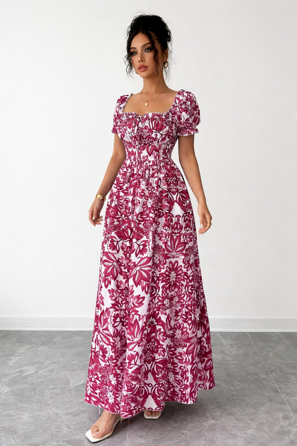 Elegant long dress with floral print.