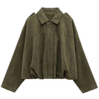 Women's Bomber Jacket with Lapel, Long Sleeves and Zipper in Suede, High Street Style, Short Jackets for Running, Coats and Outerwear