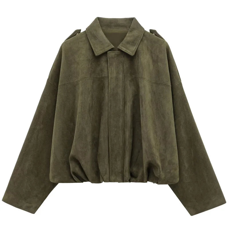 Women's Bomber Jacket with Lapel, Long Sleeves and Zipper in Suede, High Street Style, Short Jackets for Running, Coats and Outerwear