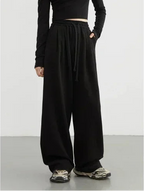 Women's streetwear pants, plain, loose-fitting, new, with drawstring, sporty, casual, high-waisted, for autumn and winter