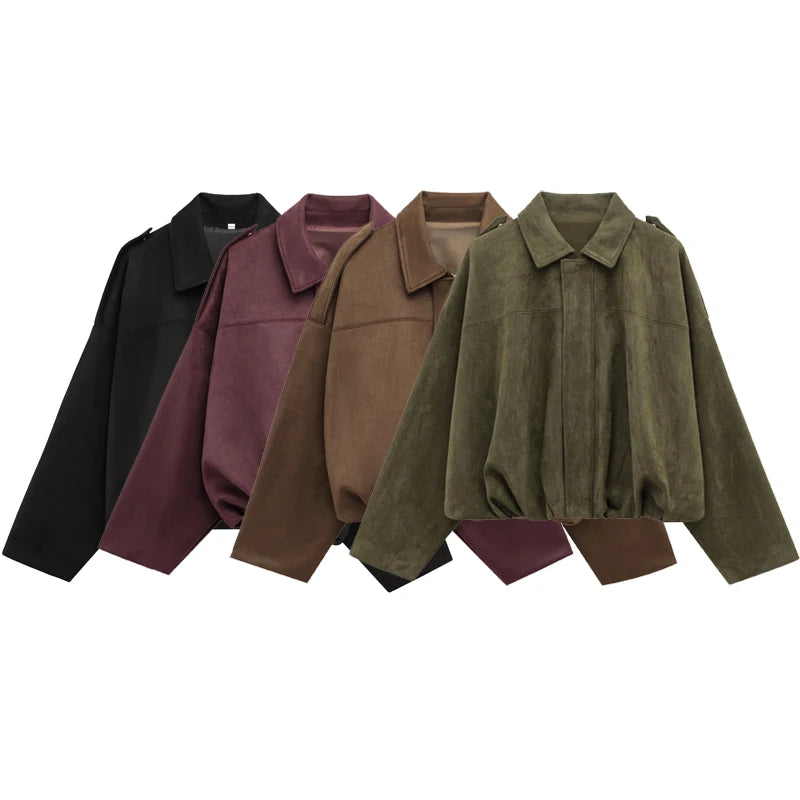 Women's Bomber Jacket with Lapel, Long Sleeves and Zipper in Suede, High Street Style, Short Jackets for Running, Coats and Outerwear