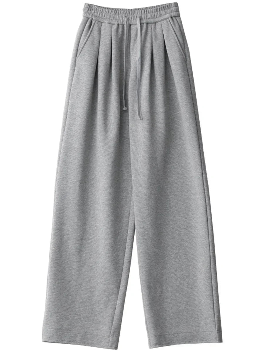 Women's streetwear pants, plain, loose-fitting, new, with drawstring, sporty, casual, high-waisted, for autumn and winter