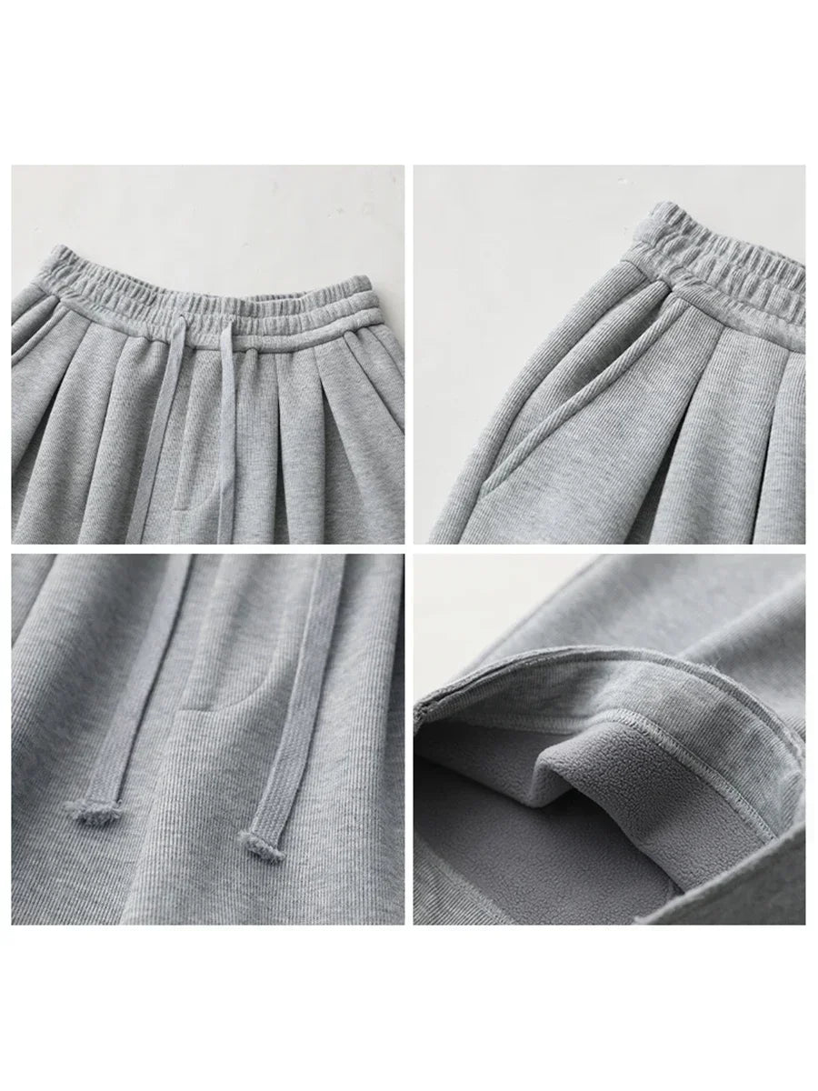 Women's streetwear pants, plain, loose-fitting, new, with drawstring, sporty, casual, high-waisted, for autumn and winter