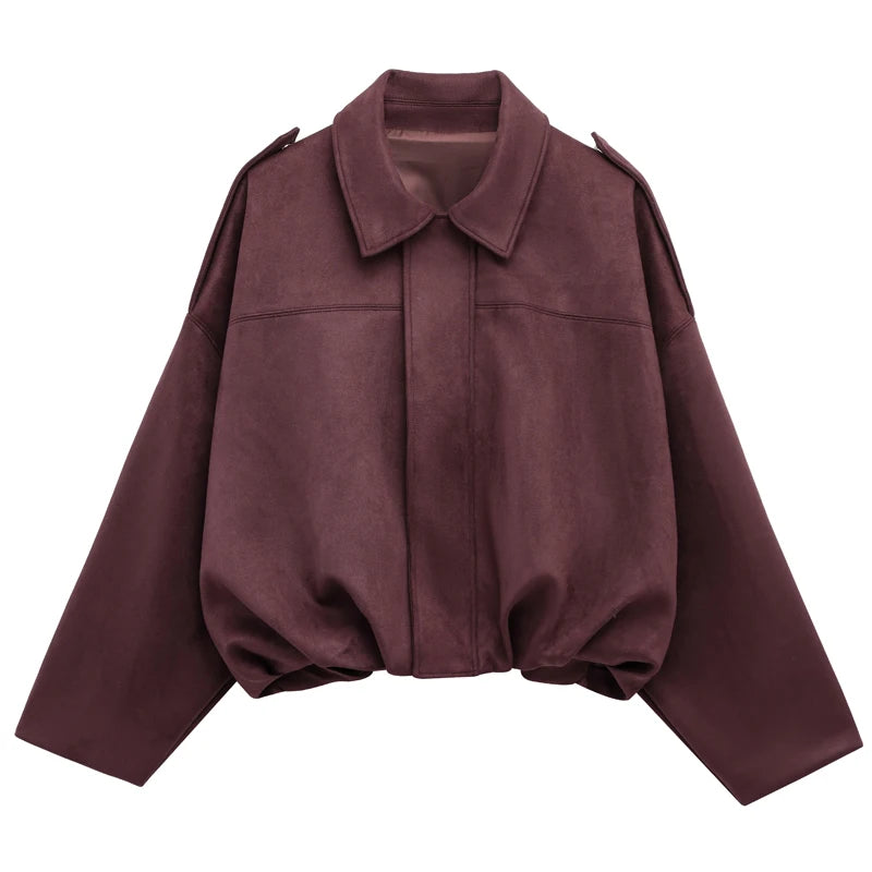 Women's Bomber Jacket with Lapel, Long Sleeves and Zipper in Suede, High Street Style, Short Jackets for Running, Coats and Outerwear