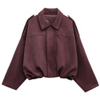 Women's Bomber Jacket with Lapel, Long Sleeves and Zipper in Suede, High Street Style, Short Jackets for Running, Coats and Outerwear