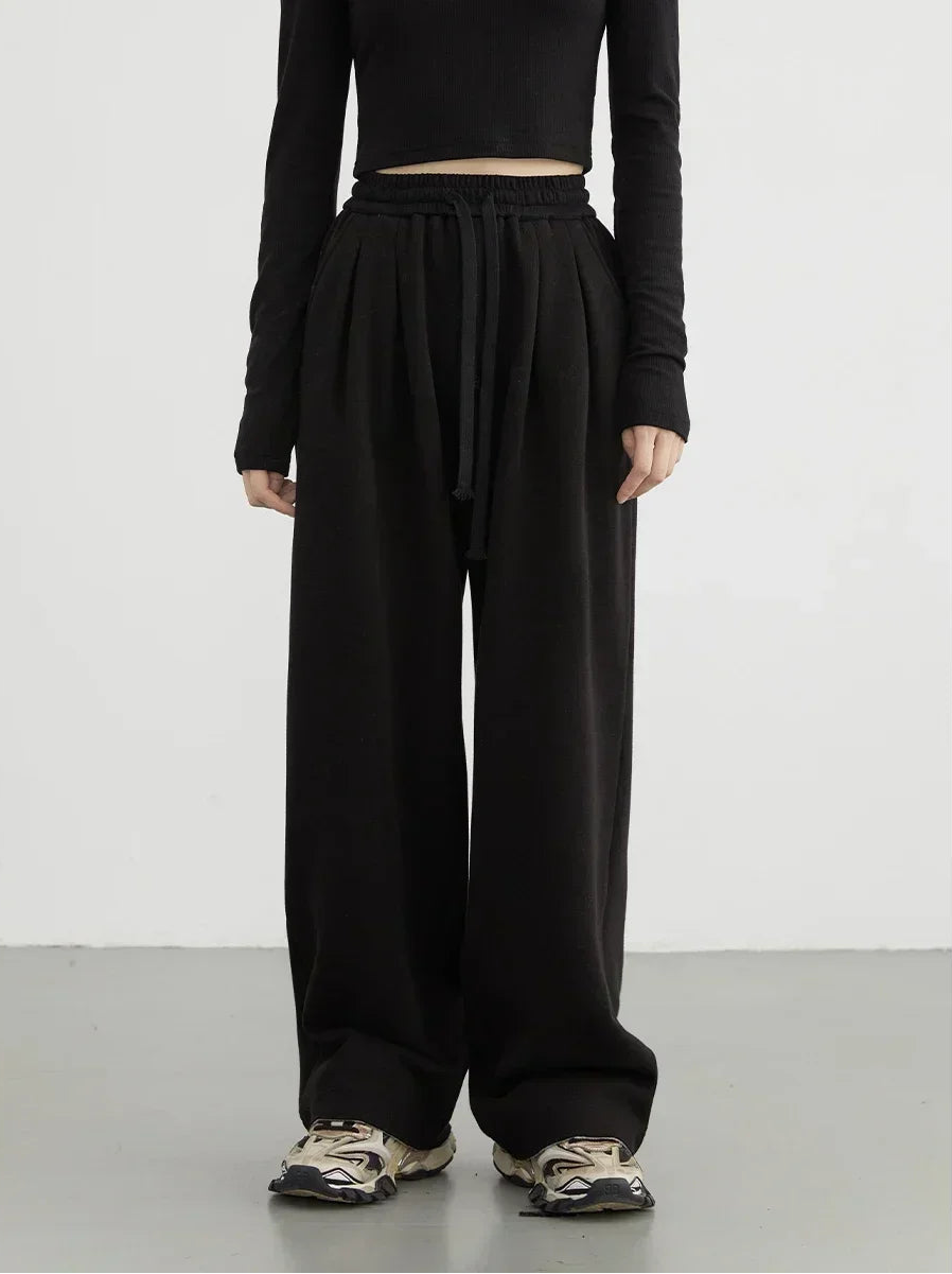 Women's streetwear pants, plain, loose-fitting, new, with drawstring, sporty, casual, high-waisted, for autumn and winter