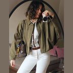 Women's Bomber Jacket with Lapel, Long Sleeves and Zipper in Suede, High Street Style, Short Jackets for Running, Coats and Outerwear