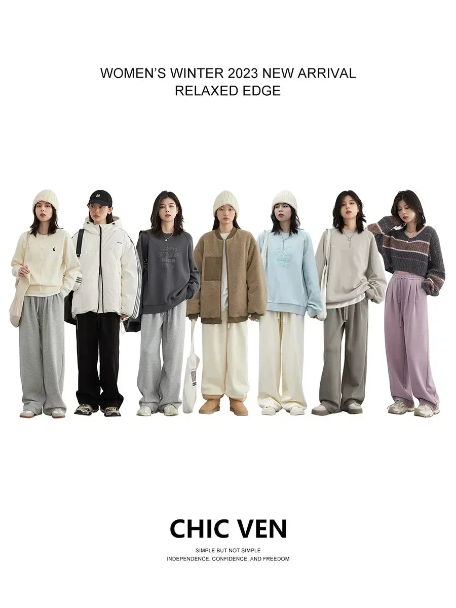 Women's streetwear pants, plain, loose-fitting, new, with drawstring, sporty, casual, high-waisted, for autumn and winter