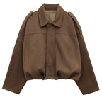 Women's Bomber Jacket with Lapel, Long Sleeves and Zipper in Suede, High Street Style, Short Jackets for Running, Coats and Outerwear