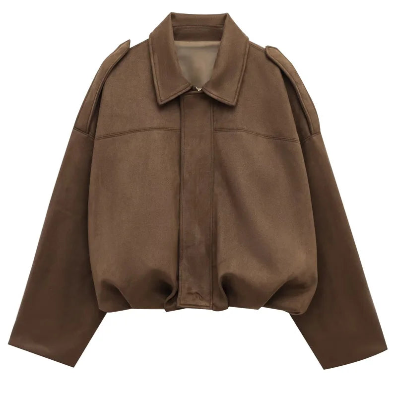 Women's Bomber Jacket with Lapel, Long Sleeves and Zipper in Suede, High Street Style, Short Jackets for Running, Coats and Outerwear