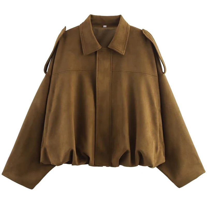 Women's Bomber Jacket with Lapel, Long Sleeves and Zipper in Suede, High Street Style, Short Jackets for Running, Coats and Outerwear