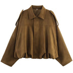 Women's Bomber Jacket with Lapel, Long Sleeves and Zipper in Suede, High Street Style, Short Jackets for Running, Coats and Outerwear