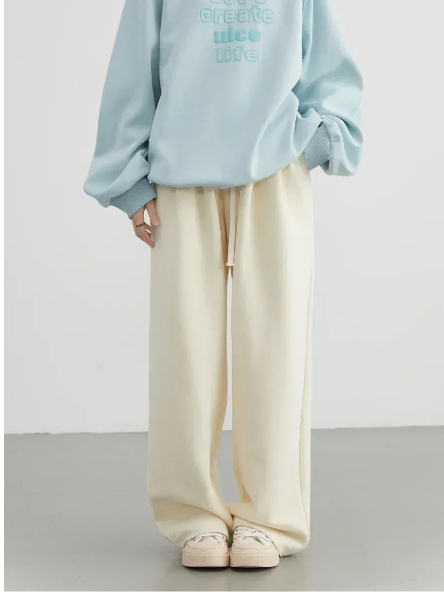 Women's streetwear pants, plain, loose-fitting, new, with drawstring, sporty, casual, high-waisted, for autumn and winter