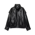 Black Faux Leather Jackets Women Long Sleeve Buttons Elastic Oversized Coats