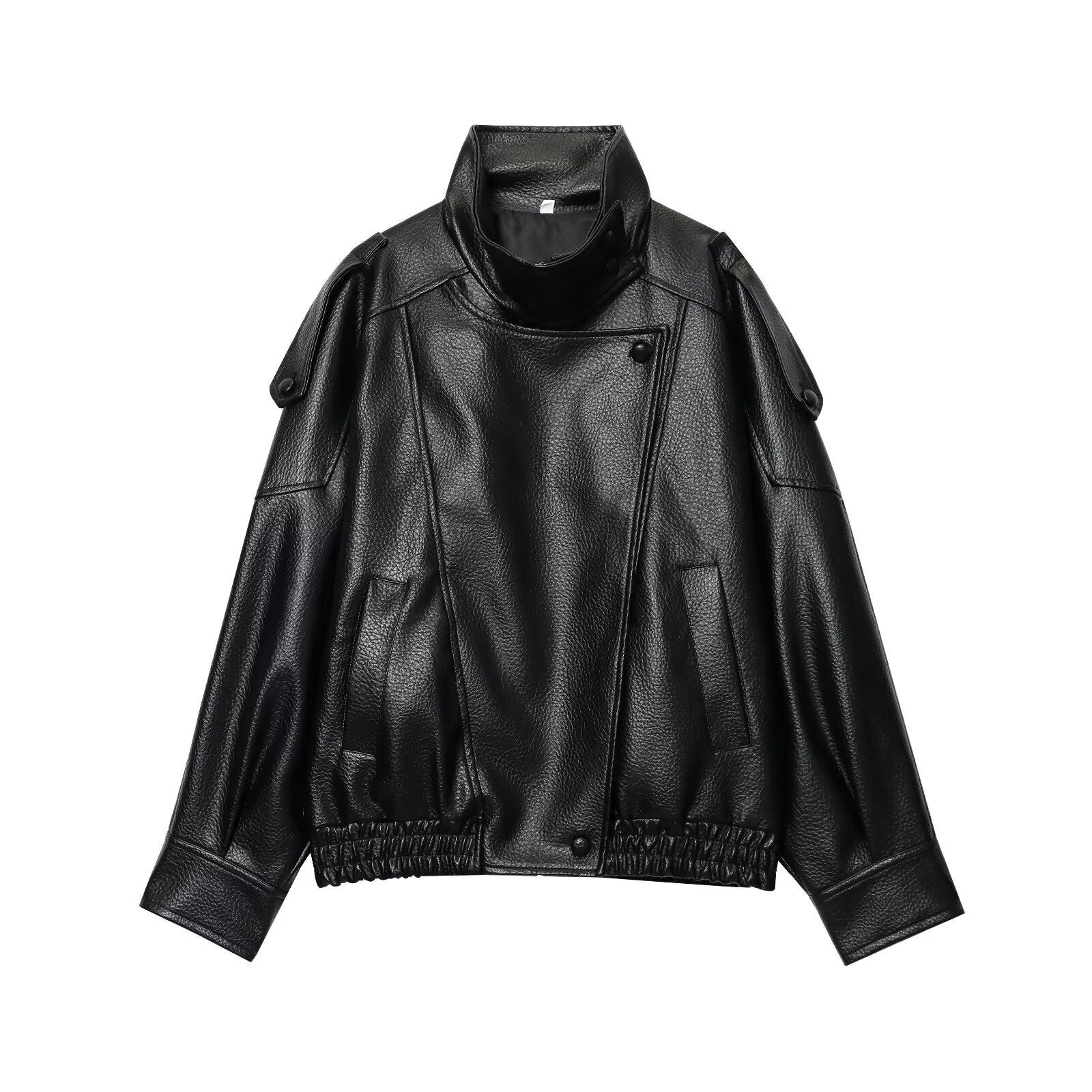 Black Faux Leather Jackets Women Long Sleeve Buttons Elastic Oversized Coats
