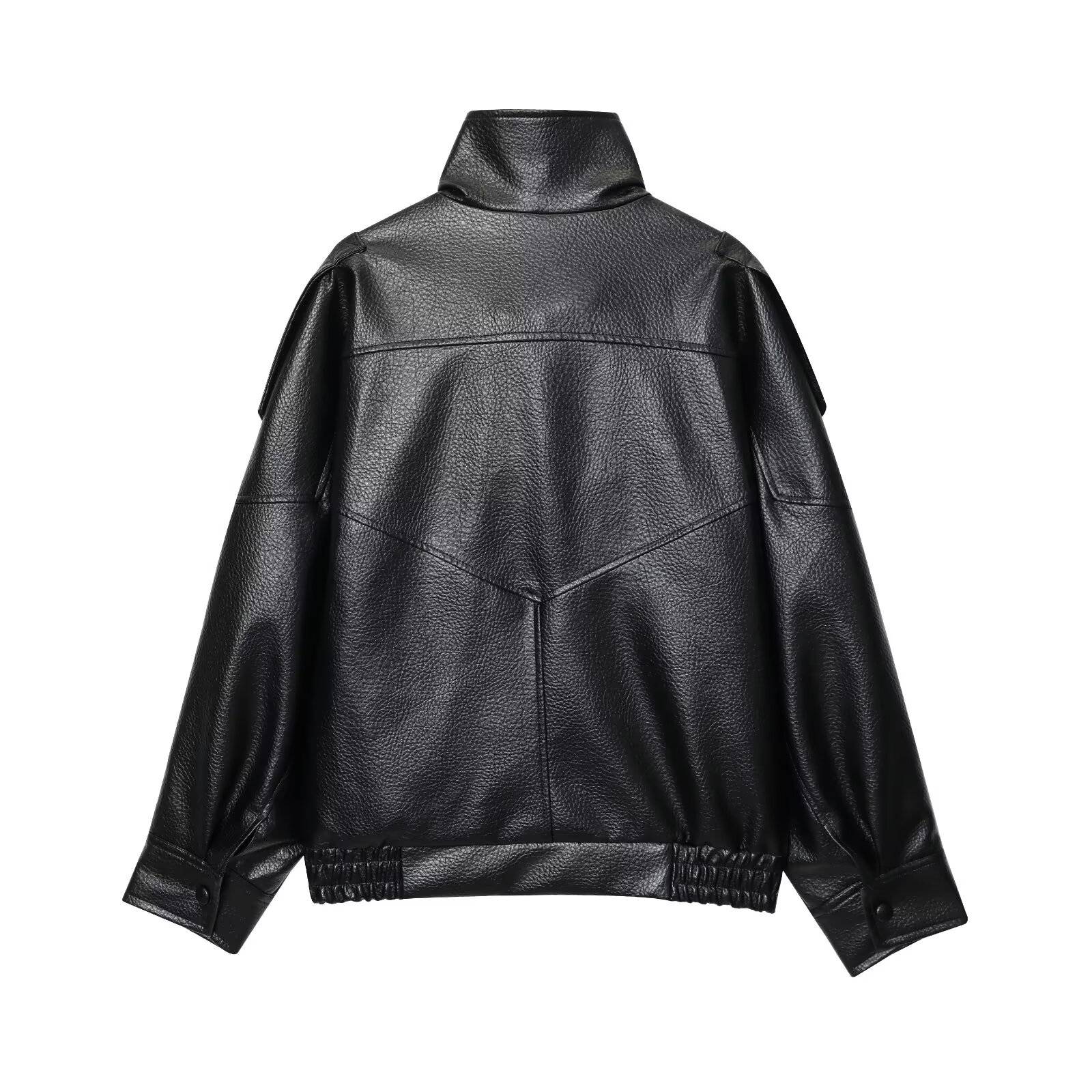 Black Faux Leather Jackets Women Long Sleeve Buttons Elastic Oversized Coats