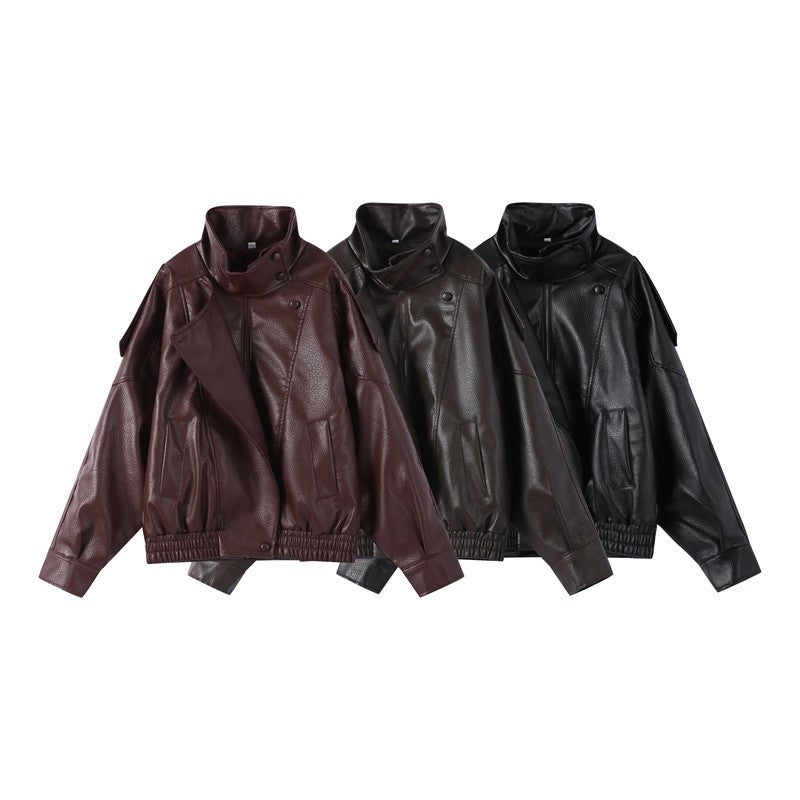 Black Faux Leather Jackets Women Long Sleeve Buttons Elastic Oversized Coats