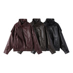 Black Faux Leather Jackets Women Long Sleeve Buttons Elastic Oversized Coats