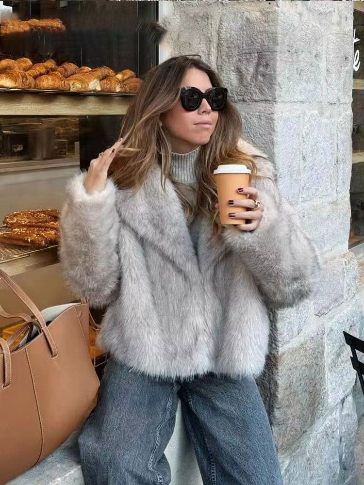 HH Women Elegant Faux Fur Coat Warm Fluffy Loose Long Sleeve Lapel Jacket Autumn Winter Fashion High Street Lady Outerwear
