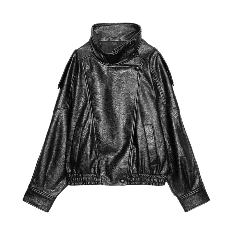 Black Faux Leather Jackets Women Long Sleeve Buttons Elastic Oversized Coats