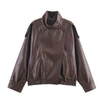 Black Faux Leather Jackets Women Long Sleeve Buttons Elastic Oversized Coats