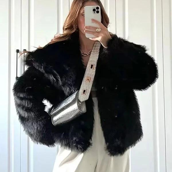HH Women Elegant Faux Fur Coat Warm Fluffy Loose Long Sleeve Lapel Jacket Autumn Winter Fashion High Street Lady Outerwear